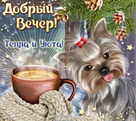 Вечернего тепла и уюта открытка романтика кофе милый песик